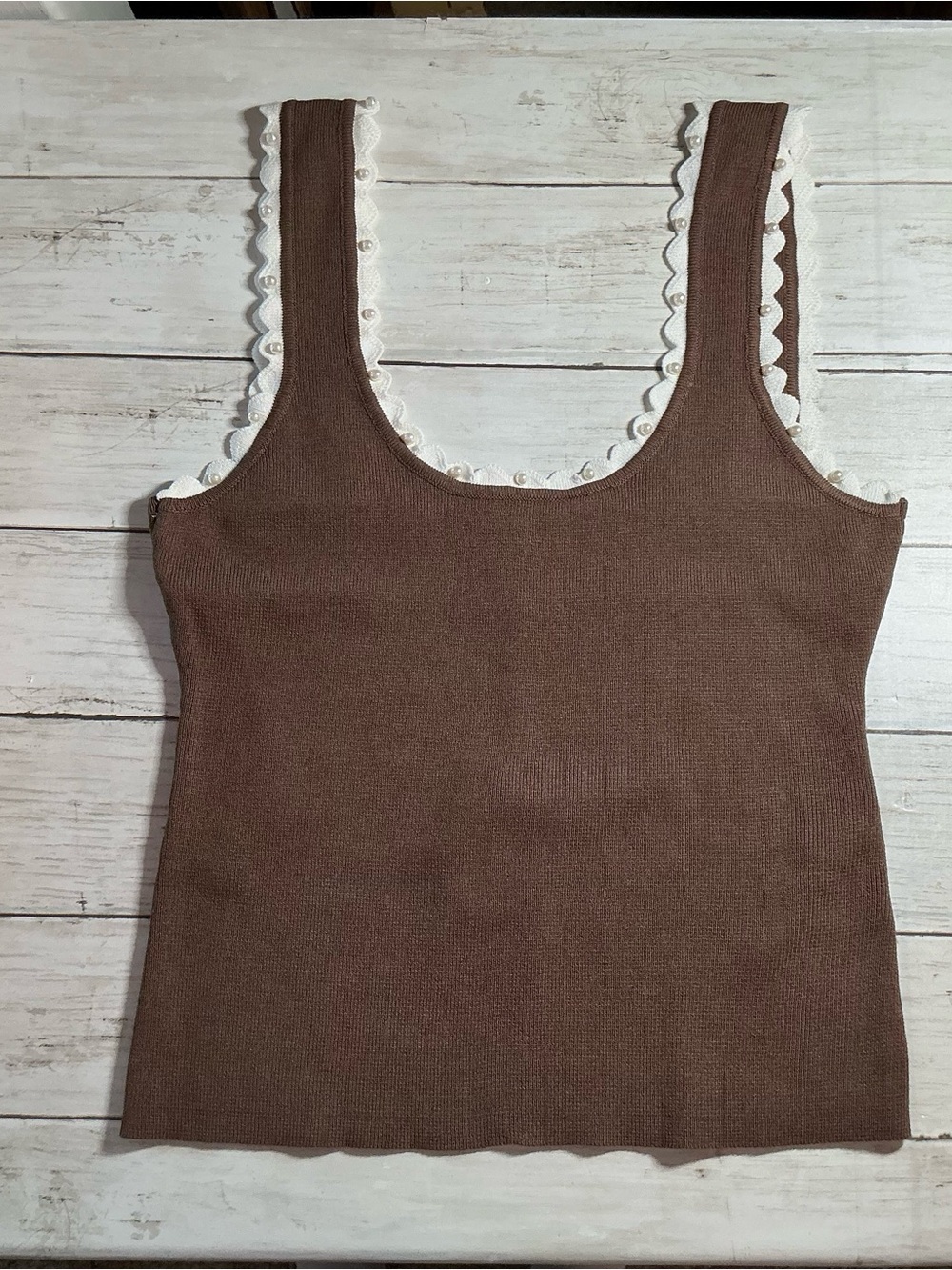 Love Tree Brown Knit Tank with White Scalloped Trim Accents